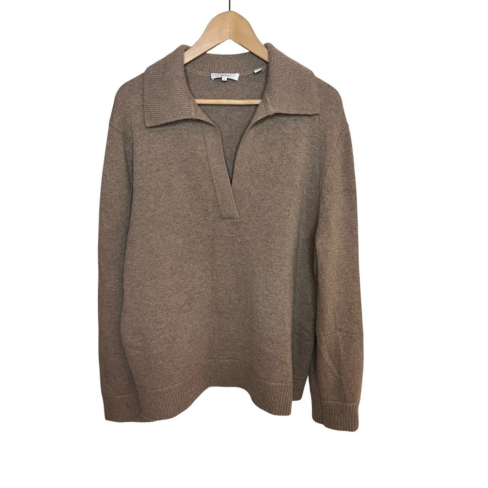 Vince Wool Cashmere V-Neck Polo Sweater Taupe Brown XL Chic Quiet Luxury Neutral